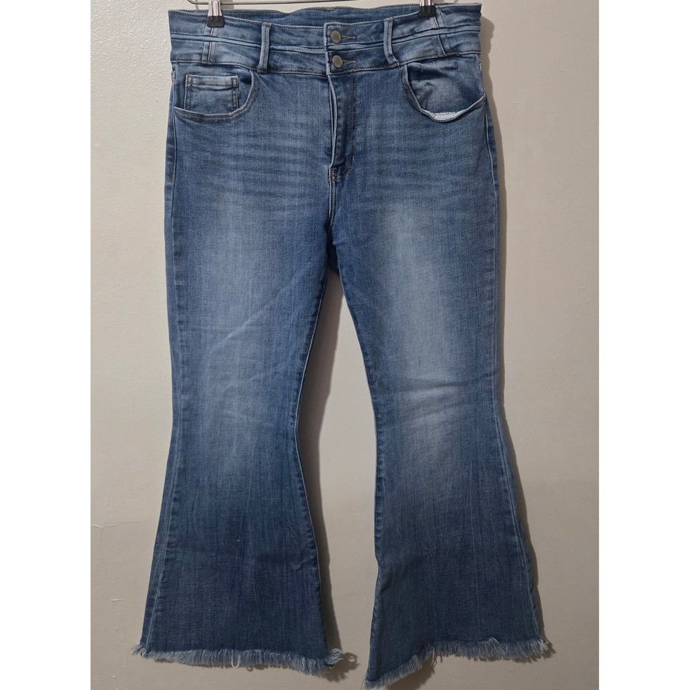 KanCan Signature High Rise Super Flare Jeans Raw Hem Medium Wash Blue Denim